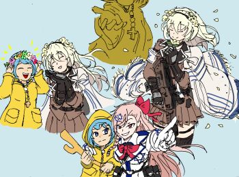  3girls :d absurdres annoyed arms_up black_choker black_gloves black_pantyhose blonde_hair blue_eyes blue_hair bow bowtie braid brown_jacket capelet choker closed_eyes commentary cross crossover double-parted english_commentary falling_petals floating_hair flower gloves hair_ornament hair_ribbon hands_up hexagram highres holding iwi_x95 jacket long_hair looking_at_viewer luce_(jubilee_2025) multiple_girls negev_(girls'_frontline) non-web_source open_mouth palms_together pantyhose petals pink_hair pleated_skirt pointing pointing_at_viewer raincoat red_eyes red_ribbon ribbon rosary short_hair simple_background skirt smile star_of_david upper_body white_gloves white_jacket x95_(girls'_frontline) yellow_raincoat 