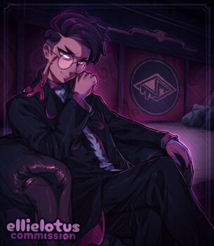  1boy black-framed_eyewear black_hair black_jacket black_pants closed_mouth collared_shirt commentary corbeau_(pokemon) couch crossed_legs ellie_lotus english_commentary eyewear_strap glasses highres jacket long_sleeves looking_at_viewer male_focus necktie nintendo open_clothes open_jacket pants parted_hair pokemon pokemon_legends:_z-a purple_hair purple_shirt round_eyewear shirt short_hair short_sideburns sitting smile smirk solo undercut white_necktie yellow_eyes 