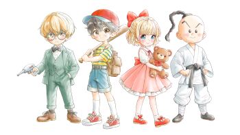  1girl 3boys absurdres back_ribbon backpack bag baseball_bat baseball_cap belt black_belt black_bow black_bowtie black_footwear black_hair black_socks blonde_hair blue_eyes bow bowtie braid brown_eyes brown_footwear collared_shirt dougi dress footwear_bow formal_clothes frilled_shirt frills hair_ribbon hat high_ponytail highres holding holding_baseball_bat holding_ray_gun holding_stuffed_toy jeff_andonuts leather_footwear medium_hair momo_oddeye mother_(series) mother_2 mouse_(animal) multiple_boys ness_(mother_2) nintendo paula_(mother_2) pink_dress pink_ribbon ponytail poo_(mother_2) red_footwear ribbon serious shirt short_hair smile socks solid_circle_eyes striped_clothes striped_shirt stuffed_animal stuffed_toy suit teddy_bear two-tone_shirt vertical-striped_clothes vertical-striped_shirt white_shirt white_socks yellow_shirt  rating:General score:8 user:danbooru