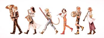  3boys 3girls arm_up back_bow bare_shoulders bike_shorts black_boots black_gloves black_hair black_jacket black_overalls black_pants black_shorts blonde_hair boots bow bowtie breasts brown_hair cat_tail closed_eyes commentary_request cropped_vest detached_sleeves final_fantasy final_fantasy_ix final_fantasy_viii final_fantasy_x flute french_horn full_body fur-trimmed_jacket fur_trim garnet_til_alexandros_xvii gen_7_pokemon gloves green_vest grey_pants grey_wrist_cuffs highres holding holding_flute holding_instrument instrument jacket japanese_clothes juliet_sleeves long_hair long_skirt long_sleeves low_ponytail medium_breasts medium_hair multiple_boys multiple_girls music nontraditional_miko obi okashisushi orange_bow orange_bowtie overalls pants parted_bangs playing_instrument ponytail puffy_sleeves purple_skirt red_boots red_gloves rinoa_heartilly sash saxophone shirt short_hair shorts skirt squall_leonhart tail tidus trumbeak tuba vest walking white_background white_shirt white_sleeves wrist_cuffs yellow_boots yuna_(ff10) zidane_tribal 