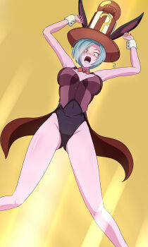  1girl absurdres arms_up asaricurry bare_shoulders bishoujo_senshi_sailor_moon bishoujo_senshi_sailor_moon_s blush breasts bright_pupils colored_skin cowboy_shot curvy daimon_(sailor_moon) demon_girl detached_collar from_below hat highleg highleg_leotard highres large_breasts leotard open_mouth pink_skin playboy_bunny quiz_(sailor_moon) rabbit_ears revealing_clothes shiny_clothes shiny_skin short_hair simple_background thighs white_wrist_cuffs wide_hips wrist_cuffs 