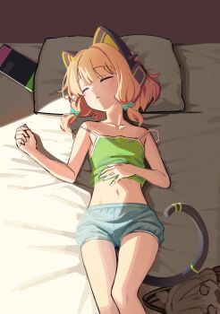  absurdres alternate_costume animal_ear_headphones animal_ears aqua_shorts blonde_hair blue_archive blush bow camisole cat_ear_headphones cat_ears cat_tail chibi commentary fake_animal_ears fake_tail green_bow green_camisole green_halo hair_bow halo head_bump headphones highres low-tied_sidelocks lying midori_(blue_archive) momoi_(blue_archive) nintendo_switch on_back on_bed parted_lips short_hair shorts sidelocks sleeping tail tanuk tearing_up 
