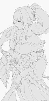  1girl absurdres bare_shoulders breasts closed_mouth collarbone commentary english_commentary flower flower_necklace from_side greyscale hair_ornament highres hiyuki_(wuthering_waves) holding holding_sword holding_weapon jewelry katana medium_breasts mikazon mole mole_under_eye monochrome necklace off_shoulder ponytail solo sword twitter_username weapon wuthering_waves 