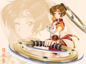  1girl arm_up breasts brown_hair chakram character_name chinese_clothes covered_erect_nipples cowboy_shot dual_wielding earrings female_focus foreshortening from_side gem green_eyes grin headband holding holding_weapon jewelry legs_apart looking_at_viewer momoya_show-neko obi one_eye_closed outstretched_arm ring sangokumuso sash shin_sangoku_musou shin_sangoku_musou_3 short_hair short_shorts short_sleeves shorts smile solo sun_shangxiang_(shin_sangoku_musou) thighs turtleneck weapon windfire_wheel wink zoom_layer 