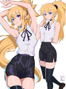  1girl 604yue black_choker black_ribbon black_shorts breasts choker collared_shirt cosplay hair_between_eyes highres long_hair looking_at_viewer metroid metroid_prime_4:_beyond neck_ribbon nintendo reze_(chainsaw_man) reze_(chainsaw_man)_(cosplay) ribbon samus_aran shirt shorts simple_background sleeveless sleeveless_shirt solo white_shirt 