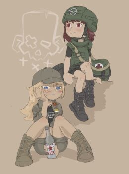  2girls alcohol artist_request beret bike_shorts bike_shorts_under_skirt black_boots black_shirt blonde_hair blue_eyes blush body_armor boots bottle brown_boots bruise bruise_on_knee bruise_on_leg buhanka-chan cropped_jacket grey_jacket grey_shorts hammer_and_sickle hand_on_own_cheek hand_on_own_face hat helmet highres holding holding_bottle imperial_russian_flag injury jacket long_hair looking_at_viewer looking_to_the_side medium_hair military military_combat_uniform military_uniform mr_banzai multiple_girls original parted_lips pleated_skirt ponytail red_eyes red_hair red_star russo-ukrainian_war shirt short_sleeves shorts sitting skirt smile soldier source_request star_(symbol) svinorezka teeth vodka 