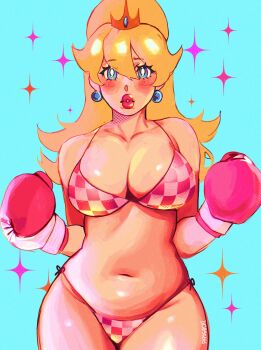  1girl absurdres alternate_costume belly bikini blonde_hair blue_background blue_eyes blush boxing_gloves breasts bright_pupils checkered_bikini checkered_clothes cleavage commentary cowboy_shot crown curvy earrings english_commentary gold_crown hands_up highres jewelry large_breasts lipstick long_hair looking_at_viewer makeup mario_(series) mini_crown navel nintendo papogochi parted_lips pink_bikini pink_lips ponytail princess_peach solo sphere_earrings swimsuit thick_lips white_pupils 