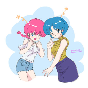  2girls ;d bare_shoulders blue_background blue_eyes blue_hair blue_shorts blue_skirt braid commentary_request denim denim_shorts miyano68mamo multiple_girls one_eye_closed open_mouth pale_skin pink_hair ranma-chan ranma_1/2 shirt short_hair shorts single_braid skirt smile sweater tendou_akane v white_shirt yellow_sweater 