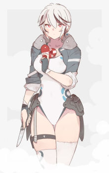  1girl belt black_gloves box brown_hair collarbone commentary cropped_jacket earrings fingerless_gloves gloves grey_background grey_jacket groin heart-shaped_box highres holding holding_box holding_knife jacket jewelry knife leotard looking_at_viewer multicolored_hair original red_eyes short_hair solo streaked_hair thigh_belt thigh_strap thighhighs tsukudani_yosuke two-tone_hair v-shaped_eyebrows valentine white_hair white_leotard white_thighhighs 