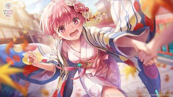  1girl 1other ahoge autumn autumn_leaves blunt_bangs blurry blurry_background blush commentary copyright_logo copyright_notice cowboy_shot day depth_of_field downturned_eyes dutch_angle english_commentary eyelashes eyes_visible_through_hair fingernails floating_clothes floral_print floral_print_kimono flower glint hair_flower hair_ornament hand_up heaven_burns_red highres holding_hands japanese_clothes kanzashi kimono layered_kimono leaf logo long_sleeves looking_at_viewer maple_leaf official_alternate_costume official_art official_wallpaper ooshima_minori ooshima_minori_(soigne_maiden) open_clothes open_kimono open_mouth outdoors outstretched_arm perspective pink_eyes pink_flower pink_hair pink_kimono pink_sash print_kimono sash short_hair sidelighting solo_focus sweatdrop tassel white_flower white_kimono wide_sleeves 