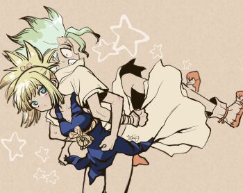  1boy 1girl back-to-back blonde_hair blue_eyes blush breasts carrying cleavage cleavage_cutout clenched_teeth clothing_cutout commentary_request dr._stone dress facial_mark full_body green_hair high_ponytail highres ishigami_senkuu kohaku_(dr._stone) lifting_person lips locked_arms nervous nervous_sweating ninomae_gin open_mouth parted_lips piggyback ponytail rope rope_around_waist scared short_dress sidelocks signature simple_background spiked_hair star_(symbol) super_saiyan sweat sweatdrop teeth white_rope 