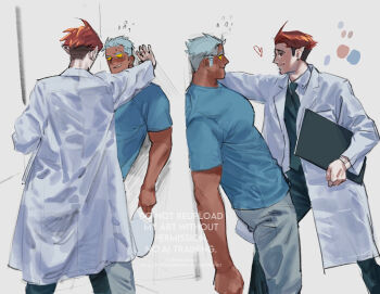  2boys against_wall bara blank_eyes breakdown_(transformers) brown_hair colored_sclera cowboy_shot flying_sweatdrops grey_hair highres humanization kabedon knockout_(transformers) large_pectorals male_focus mature_male medium_sideburns multiple_boys multiple_views muscular muscular_male muscular_uke pants pectorals reversible_couple short_hair sideburns size_difference standing transformers undercut usakomu_(komugiko) yaoi yellow_sclera 