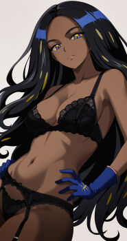  1girl absurdres black_bra black_hair black_panties blue_eyes blue_gloves bra closed_mouth dark-skinned_female dark_skin garter_belt garter_straps geeta_(pokemon) gloves highres long_hair navel nintendo panties pokemon pokemon_scarlet_and_violet solo underwear vivivoovoo  rating:Questionable score:67 user:danbooru