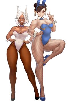  2girls animal_ears bare_shoulders black_footwear blue_bow blue_bowtie blue_footwear blue_leotard boku_no_hero_academia bow bowtie breasts brown_eyes brown_hair capcom chun-li cleavage covered_navel dark-skinned_female dark_skin detached_collar double_bun earrings fake_animal_ears female_focus fishnet_pantyhose fishnets full_body gold_trim grin hair_bun hairband hand_on_own_hip hands_on_own_hips high_heels highleg highleg_leotard highres jewelry knee_up large_breasts legs leotard long_eyelashes looking_at_viewer mirko multiple_girls muscular muscular_female one_eye_closed pantyhose parted_bangs playboy_bunny purple_bow purple_bowtie purple_trim rabbit_ears rabbit_girl red_eyes short_hair smile standing standing_on_one_leg strapless strapless_leotard street_fighter thick_thighs thighs toned v white_background white_hair white_leotard wrist_cuffs zukululuu  rating:Sensitive score:132 user:danbooru