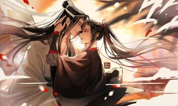  2boys absurdres ahoge bishounen black_eyes black_hair black_hanfu blurry blurry_background chinese_clothes closed_eyes closed_mouth couple depth_of_field eye_contact face-to-face floating_hair forehead-to-forehead from_side hair_ribbon hand_in_another's_hair hand_up hanfu hashtag-only_commentary headband heads_together high_ponytail highres lan_wangji long_hair long_sleeves looking_at_another loxunzixin31122 male_focus modao_zushi multiple_boys petals ponytail profile red_ribbon ribbon robe seal_impression sidelocks smile topknot upper_body very_long_hair wei_wuxian white_hanfu white_headband wide_sleeves wind xiao_guan_(headdress) yaoi yellow_eyes 
