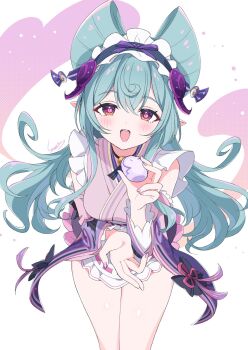  1girl bell blue_hair blush bow breasts choker commentary_request dango detached_sleeves feeding food frilled_hairband frills genshin_impact hair_between_eyes hair_ornament hairband highres holding holding_food incoming_food japanese_clothes kamuraaa_615 kimono long_hair long_sleeves looking_at_viewer maid neck_bell nihongami obi_bow open_mouth pink_kimono pink_pupils pink_sleeves pointy_ears pov purple_eyes purple_tail sanshoku_dango sash sleeve_bow sleeveless sleeveless_kimono smile solo tail tapir_tail very_long_hair wa_maid wagashi white_sash yumemizuki_mizuki 