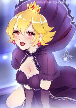  1girl artist_name ball_gown blonde_hair breasts cherry_in_the_sun cleavage commentary corruption crown dark_persona dress earrings elbow_gloves english_commentary gloves jewelry looking_at_viewer mario mario_(series) medici_collar nintendo paper_mario paper_mario:_the_thousand-year_door patreon_username possessed princess_peach purple_dress red_eyes shadow_queen short_hair sitting smile solo 