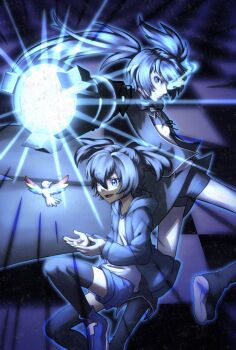  2girls arm_cannon bikini bird black_coat black_rock_shooter black_rock_shooter_(character) black_shorts black_thighhighs blue_eyes blue_shoes coat commentary english_commentary flaming_eye front-tie_bikini_top front-tie_top glowing glowing_eye kuroi_mato long_hair multiple_girls open_clothes open_coat pale_skin rock_cannon shirt shoes short_twintails shorts sweater swimsuit thighhighs tosofotiri twintails uneven_twintails weapon white_shirt 