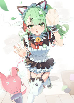  1girl absurdres animal_ear_hairband animal_ears bell black_dress black_garter_straps blush bucket cat_ear_hairband cat_ears commentary dress earphones fake_animal_ears fingernails foot_out_of_frame frilled_dress frilled_sleeves frills garter_straps ghost_hair_ornament green_eyes green_hair green_nails hair_ornament hairband heart heart_hair_ornament highres kimiimik leg_up looking_at_viewer maid maid_headdress multiple_hair_clips neck_bell necktie official_alternate_costume open_mouth ponytail red_bag red_necktie sunna_(afternoon_tea_break)_(zenless_zone_zero) sunna_(zenless_zone_zero) white_wings winged_bag wings zenless_zone_zero 