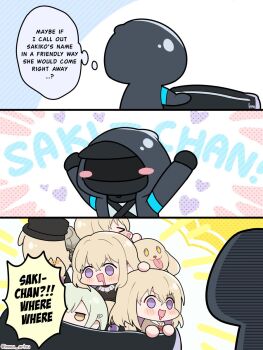  >_< 1other 5girls animal_ears arknights black_hat blonde_hair commentary doctor_(arknights) dog dog_ears dog_girl doloris_(bang_dream!) drooling english_commentary english_text gameplay_mechanics green_hair hanasakigawa_school_uniform hat highres hood hood_up imma_artsu medium_hair misumi_uika misumi_uika_(caged_singer) mouth_drool multiple_girls purple_eyes recruitment_bag_(arknights) school_uniform wakaba_mutsumi yellow_eyes 