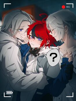  3boys ? ahoge aotsuki_eito battery_indicator black_gloves black_streaks blue_eyes blush boy_sandwich chinese_commentary clone_harem closed_eyes collarbone commentary_request covering_another's_mouth drawstring dual_persona glasses gloves grabbing_another's_arm grey_hair grey_jacket hand_over_another's_mouth hood hoodie jacket jacket_over_hoodie kaede1231 light_blush looking_at_another looking_at_viewer male_focus multicolored_hair multicolored_jacket multiple_boys no_jacket nose_blush open_clothes open_jacket purple_eyes recording red_hair sandwiched shirt short_hair spoken_question_mark streaked_hair sumino_takumi sunglasses sweat the_hundred_line_-last_defense_academy- two-tone_jacket white_hoodie white_jacket white_shirt yaoi 