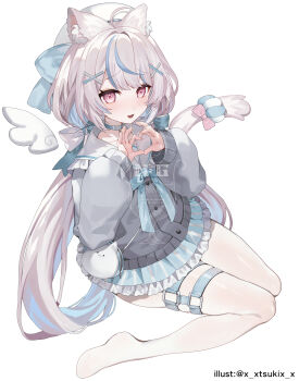  1girl :d absurdres ahoge animal_ears aqua_choker aqua_hair aqua_ribbon aqua_skirt aqua_streaks blue_hair blue_streaks bow choker colored_inner_hair commentary_request detached_wings dot_nose four-finger_heart_hands frilled_skirt frills grey_jacket hair_ornament hands_up hat heart heart_hands highres indie_virtual_youtuber iwai_ku_tsuki jacket long_hair long_sleeves looking_at_viewer multicolored_hair multiple_thigh_straps no_shoes open_mouth pantyhose pink_bow pink_eyes pink_hair ribbon sailor_collar shanoa_(vtuber) simple_background sitting skirt smile solo tail tail_bow tail_ornament tail_raised thigh_strap twitter_username virtual_youtuber white_background white_hair white_hat white_pantyhose white_sailor_collar white_streaks white_wings wings x_hair_ornament 