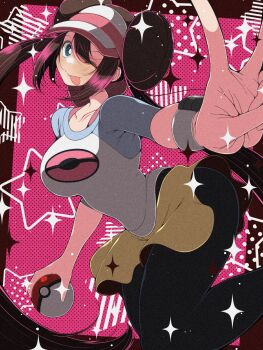  1girl black_pantyhose blue_eyes blush breasts brown_hair commentary_request double_bun fujiwara_hiro_(kaede_ciao) hair_bun hat highres holding holding_poke_ball large_breasts long_hair looking_at_viewer nintendo one_eye_closed pantyhose poke_ball poke_ball_(basic) pokemon pokemon_bw2 raglan_sleeves rosa_(pokemon) shirt shorts smile solo tongue tongue_out twintails visor_cap yellow_shorts 