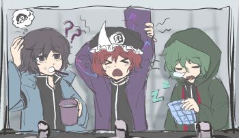  >_< 3others ? ?? androgynous arm_behind_head arm_up arrow_print bag bathroom black_hat black_shirt blue_jacket brushing_teeth buttons chinese_commentary closed_eyes collared_shirt commentary_request confused cosplay costume_switch cup detached_hood dot_nose fang faucet frilled_headwear green_hair green_jacket hair_between_eyes hand_on_own_head hat high_collar highres holding holding_bag holding_cup hood hood_down hood_up hooded_jacket indoors jacket len'en light_blush long_sleeves looking_ahead mirror mob_cap mug multiple_others nose_bubble open_mouth other_focus otogisum3 print_sleeves purple_eyes purple_hair purple_jacket red_hair reflection reflection_focus shadow shirt shitodo_aoji shitodo_hooaka shitodo_kuroji short_hair shout_lines siblings skin_fang sleeping sleepy speech_bubble spoken_object stretching thought_bubble tile_wall tiles toothbrush toothbrush_in_mouth triangular_headpiece upper_body water wide_sleeves yawning zipper 