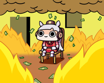  12_billion_yen_incident 1girl animal_ears armband banknote blunt_bangs bow bowtie brown_hat burning burning_building chair chibi closed_mouth commentary dress english_commentary fire gloves gold_ship_(red_strife)_(umamusume) gold_ship_(umamusume) grey_hair hat highres horse_ears horse_girl horse_tail keenbiscuit long_hair meme money on_chair pantyhose pillbox_hat red_dress sitting sleeveless sleeveless_dress smile smoke solo striped_armband striped_clothes tail this_is_fine_(meme) umamusume white_gloves white_pantyhose 