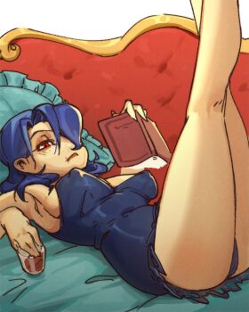  1girl bed blue_hair book breasts bubene cameltoe covered_erect_nipples crossed_legs cup drinking_glass hair_over_one_eye headboard large_breasts legs_up looking_at_viewer lying nightgown official_alternate_costume on_back on_bed panties red_eyes skullgirls solo thick_thighs thighs underwear valentine_(skullgirls) 
