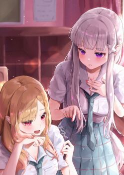  2girls absurdres barbell_piercing blonde_hair blue_necktie blue_skirt blush borrowed_clothes breasts classroom cleavage collarbone collared_shirt commentary_request contemporary crossover ear_piercing elf emilia_(re:zero) hair_ornament hands_up highres indoors justjast kitagawa_marin long_hair looking_at_another medium_breasts multiple_girls nail_polish necktie open_mouth piercing pointing pointing_at_another pointy_ears purple_eyes re:zero_kara_hajimeru_isekai_seikatsu red_eyes red_nails school_uniform shirt short_sleeves sidelocks signature skirt sono_bisque_doll_wa_koi_wo_suru summer_uniform white_shirt x_hair_ornament 