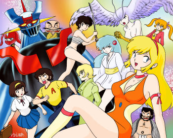 abashiri_ikka abashiri_kikunosuke asuka_ryou black_hair blonde_hair blue_eyes blue_hair blue_skirt breasts brown_hair character_request chest_hair chest_sarashi copyright_request creator_connection cutie_honey cutie_honey_(character) devilman dororon_enma-kun earrings facial_hair hair_ornament hairband harenchi_gakuen hazukiyuehua head_wings highres holding holding_sword holding_weapon japanese_clothes jewelry kekkou_kamen kekkou_kamen_(character) kimono kisaragi_honey majokko_tickle mazinger_(series) mazinger_z mecha multiple_boys multiple_girls mustache open_mouth orange_hair pleated_skirt robot sarashi short_kimono sirene_(devilman) skirt sword tiko_(majokko_tickle) twintails urusei_yatsura weapon wings yukiko_hime