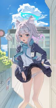  1girl abydos_high_school_logo animal_ear_fluff animal_ears blue_archive blue_halo blue_scarf blush clothes_lift commentary_request cross cross_hair_ornament extra_ears grey_hair hair_ornament halo highres id_card inverted_cross korean_commentary mismatched_pupils open_mouth outdoors panties pantyshot pleated_skirt scarf school_uniform shiroko_(blue_archive) siya_je skirt skirt_lift skirt_tug solo standing underwear white_panties wind wind_lift wolf_ears wolf_girl 