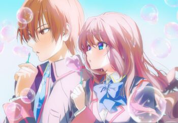  1boy 1girl a-chan_(little_busters!) black_jacket blowing_bubbles blue_bow blue_bowtie blue_necktie blush bow bowtie brown_hair bubble_wand collared_shirt commentary_request couple day eyelashes eyes_visible_through_hair hair_between_eyes hand_up heart_bubbles hetero holding holding_wand jacket little_busters! little_busters!_school_uniform long_hair long_sleeves looking_ahead miiizuno_lbs natsume_kyousuke necktie outdoors parted_lips school_uniform shirt short_hair side-by-side sidelocks soap_bubbles tsurime upper_body wand white_shirt 