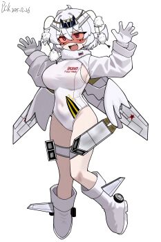  1girl aircraft airplane bomber commentary_request gloves hammer_and_sickle hands_up highres leotard mecha_musume military_vehicle original pckcool personification red_eyes red_star russian_air_force russian_flag shoes shrug_(clothing) solo soviet soviet_air_force star_(symbol) tinted_eyewear tu-160 wheel white_background white_gloves white_hair white_leotard white_shoes wings 