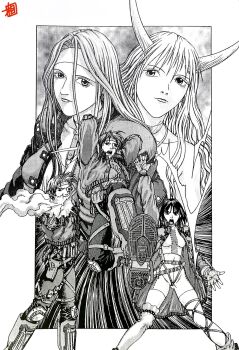  2boys 3girls aizaki_katsumi belt_pouch breasts demon_(megami_tensei) fingerless_gloves firing firing_at_viewer giten_megami_tensei:_tokyo_mokushiroku giten_megami_tensei:_touku_nagasarete_exile gloves greyscale hair_between_eyes hayasaka_tatsuya headband highres holding holding_weapon holster horns ishtar_(megami_tensei) katsuragi_ayato kirishima_emi knee_pads midriff monochrome multiple_boys multiple_girls navel official_art open_mouth pouch shin_megami_tensei tachibana_yuuka_(megami_tensei) third-party_source weapon 