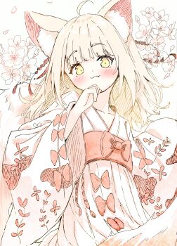  1girl :3 absurdres ahoge animal_ear_fluff animal_ears blush bow branch brown_background brown_hair closed_mouth collarbone commentary_request emimeku fang fang_out flower hand_up highres japanese_clothes kimono obi original pink_bow sash simple_background smile solo tail white_flower white_kimono yellow_eyes 