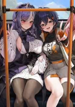  2girls absurdres belle_(zenless_zone_zero) black_pantyhose black_thighhighs blue_hair blush breasts center_frills closed_mouth fingerless_gloves frills gloves green_eyes hair_between_eyes hand_up highres large_breasts lillly long_hair looking_at_another looking_at_viewer multicolored_hair multiple_girls open_clothes orange_gloves pantyhose pointy_ears purple_hair red_eyes short_hair sideboob single_glove single_thighhigh sitting skirt smile streaked_hair symbol-shaped_pupils teeth thighhighs upper_teeth_only v vivian_banshee white_hair zenless_zone_zero  rating:Sensitive score:9 user:danbooru