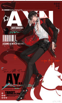  1boy absurdres alternate_costume ayn_alwyn barcode belt black_belt black_choker black_hair black_jacket black_pants black_ribbon black_shoes black_socks blood blood_on_hands border bullet_hole buttoned_cuffs buttons cat character_name chinese_commentary choker closed_mouth commentary_request contrast_lapels cross-laced_shoes crosshair cuff_links dress_pants dress_shoes english_text flame_print full_body gun hair_between_eyes handgun highres holding holding_gun holding_weapon holster jacket lace lace-trimmed_shirt lace_trim lapels letterboxed lips long_sleeves looking_at_viewer lovebrush_chronicles male_focus multiple_belts neck_ribbon notched_lapels o-ring o-ring_choker open_clothes open_jacket outside_border pants pectoral_cleavage pectorals platinalsh plunging_neckline pointing pointing_at_viewer print_jacket red_background red_belt red_eyes red_jacket ribbon shadow shirt shoes short_hair simple_background socks solo standing standing_on_one_leg suit_jacket thigh_belt thigh_strap two-sided_fabric two-sided_jacket watermark weapon weibo_watermark white_border white_shirt 