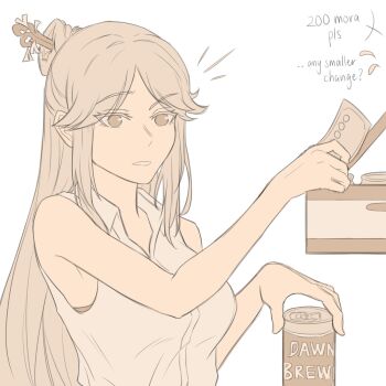  1girl alternate_costume banknote bare_shoulders beer_can box breasts can collared_shirt commentary drink_can english_text flying_sweatdrops genshin_impact greyscale hair_ornament hair_stick hands_up highres holding holding_can holding_money long_hair looking_to_the_side medium_breasts money monochrome ningguang_(genshin_impact) notice_lines shirt sidelocks simple_background sleeveless sleeveless_shirt solo speech_bubble symbol-only_commentary teeth upper_body yurenn 