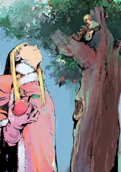  2boys apple blonde_hair canute cloak closed_mouth food fruit fur-trimmed_cloak fur_trim gloves hidden_eyes highres holding holding_food holding_fruit in_tree looking_up male_focus multiple_boys red_cloak ruchidic sidelocks sitting sitting_in_tree thorfinn tree vinland_saga 