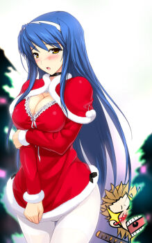  1boy 1girl arm_under_breasts black_choker blue_hair blush breasts brown_eyes brown_hair capelet chibi choker christmas_tree cleavage covering_crotch covering_privates cowboy_shot embarrassed fur-trimmed_capelet fur-trimmed_shirt fur_trim hairband katana large_breasts long_hair looking_at_another looking_at_viewer no_pants official_art onigirikun open_mouth pantyhose pastel_chime pastel_chime_continue peeking_out red_capelet red_shirt saika_s._falnese sawatari_(pastel_chime) shirt shirt_tug solo_focus sparkle standing sword very_long_hair weapon white_hairband white_pantyhose 