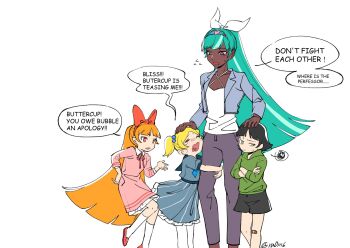  4girls aqua_hair bandaid bandaid_on_knee bandaid_on_leg black_hair bliss_(ppg) blonde_hair blossom_(ppg) blue_bow bow bubbles_(ppg) buttercup_(ppg) crying dark-skinned_female dark_skin denim dress english_text flying green_hoodie hair_bow hand_on_another's_head highres hood hoodie hugging_another's_leg jacket jeans multiple_girls open_clothes open_jacket open_mouth orange_hair pants pantyhose pink_dress powerpuff_girls purple_eyes red_bow ru0m6 shirt short_hair short_twintails shorts socks twintails white_pantyhose white_shirt white_socks  rating:General score:1 user:danbooru