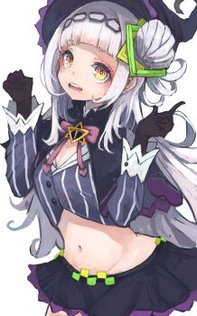  1girl arched_bangs black_capelet black_gloves black_hat black_skirt blush bow bowtie breasts brooch capelet cleavage commentary_request contrapposto cowboy_shot cropped_shirt eyelashes faux_traditional_media gloves grey_hair grey_shirt groin hair_bun hair_ornament hairband half_updo hat hexagram_hair_ornament highres hololive jewelry long_hair long_sleeves looking_at_viewer lowleg lowleg_skirt microskirt midriff miniskirt murasaki_shion murasaki_shion_(1st_costume) narrow_waist navel nyucha open_mouth painterly pink_bow pink_bowtie pinstripe_pattern pinstripe_shirt purple_capelet shirt short_eyebrows side_up_bun sidelocks simple_background single_side_bun skirt small_breasts smile solo star_brooch stomach striped_clothes striped_shirt teeth upper_body vertical-striped_clothes vertical-striped_shirt virtual_youtuber w_arms white_background wide_hips witch_hat yellow_eyes 