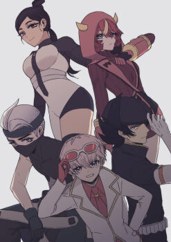  2girls 3boys absurdres adjusting_eyewear atticus_(pokemon) black_gloves black_hair black_hat black_headband black_mask blue_eyes brown_eyes closed_mouth commentary_request cosplay courtney_(pokemon) courtney_(pokemon)_(cosplay) dress elbow_gloves eri_(pokemon) eyelashes eyewear_on_head fake_horns giacomo_(pokemon) gloves green_eyes grey_background grey_gloves hand_on_eyewear hand_on_headwear hand_on_own_hip hat headband highres hood hood_up hooded_jacket horned_hood horns jacket jupiter_(pokemon) jupiter_(pokemon)_(cosplay) long_hair long_sleeves mask mela_(pokemon) mouth_mask multiple_boys multiple_girls necktie nintendo ortega_(pokemon) pokemon pokemon_bw pokemon_dppt pokemon_hgss pokemon_oras pokemon_sv pokemon_xy ponytail proton_(pokemon) proton_(pokemon)_(cosplay) red-tinted_eyewear red_jacket red_necktie red_shirt red_sweater shadow_triad shadow_triad_(cosplay) shirt short_hair simple_background smile sunglasses suzukinoko1021 sweater sweater_dress team_flare team_flare_admin team_flare_admin_(cosplay) team_flare_uniform team_galactic team_galactic_uniform team_magma team_magma_uniform team_plasma team_rocket team_rocket_uniform team_star teeth tinted_eyewear very_short_hair white-framed_eyewear white_jacket 