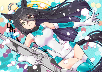  1girl ahoge animal_ears breasts brown_eyes commentary_request cosplay dutch_angle floating_hair gloves gun hair_between_eyes holding holding_gun holding_weapon horse_ears horse_girl horse_tail long_hair long_hair_between_eyes looking_at_viewer manhattan_cafe_(umamusume) miki123 moshune_(school_girl_strikers) moshune_(school_girl_strikers)_(cosplay) panties school_girl_strikers small_breasts solo tail umamusume underwear upper_body weapon white_gloves white_hair white_panties 