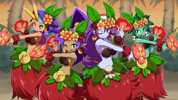  4girls absurdres alternate_costume breasts cleavage coconut_bra grass_skirt highres midriff multiple_girls navel official_art pointy_ears risky_boots rottytops shantae shantae_(series) shantae_and_the_seven_sirens sky_(shantae) tagme  rating:Sensitive score:39 user:Master741