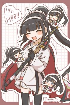  &gt;_&lt; +_+ 1girl :d :o ^_^ black_gloves black_hair black_thighhighs border brown_border cape charm_(object) chibi chibi_inset closed_eyes commentary_request cowboy_shot dated dildo dougi gloves grid_background hairband happy_birthday holding holding_charm holding_sex_toy holding_sword holding_weapon long_hair magadori_kyoshika mitsuba_tarou open_mouth outline outside_border ponytail red_cape sex_toy sheath sheathed smile sword the_hundred_line_-last_defense_academy- thighhighs tsuchinoko v vibrator weapon white_outline 