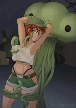  1girl absurdres alien arms_up artist_name baseball_cap belt between_breasts black_panties breasts brown_eyes brown_hair calue_art cleavage clenched_teeth clothing_cutout commentary covered_erect_nipples crop_top english_commentary fio_germi glasses grabbing_another's_arm grabbing_another's_breast green_shorts grin groping hat highleg highleg_panties highres hip_vent indoors interspecies large_breasts mars_people metal_slug midriff molestation navel nipple_stimulation panties ponytail restrained round_eyewear short_shorts shorts sidelocks smile snk sports_bra standing sv001_(metal_slug) teeth tentacle_between_breasts tentacles thong underwear  rating:Questionable score:9 user:halfpint