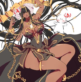  1girl arm_up artist_self-insert chain cuffs dark-skinned_female dark_skin exodia_the_forbidden_one genderswap genderswap_(mtf) hand_up highres red_eyes shackles white_background yu-gi-oh! yu-gi-oh!_duel_monsters zackpyo 